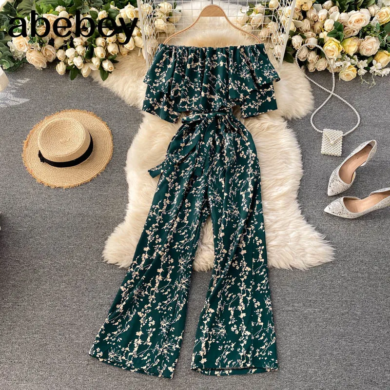 

Combinaison Barboteuses D'ete Decontracte Imprime Floral aepaules Denudees Volants aLacets Ceintures Large Jambe Vacances