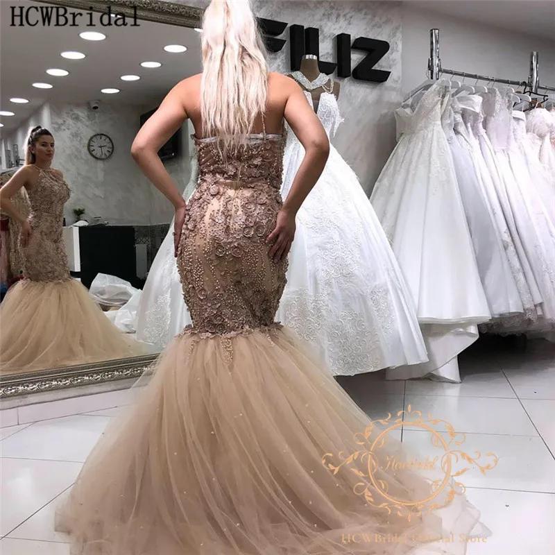

Charming Mermaid Long Evening Dress Chic Pearls Flowers Backless Champagne Sexy Wedding Guest Dresses Customize Abendkleider