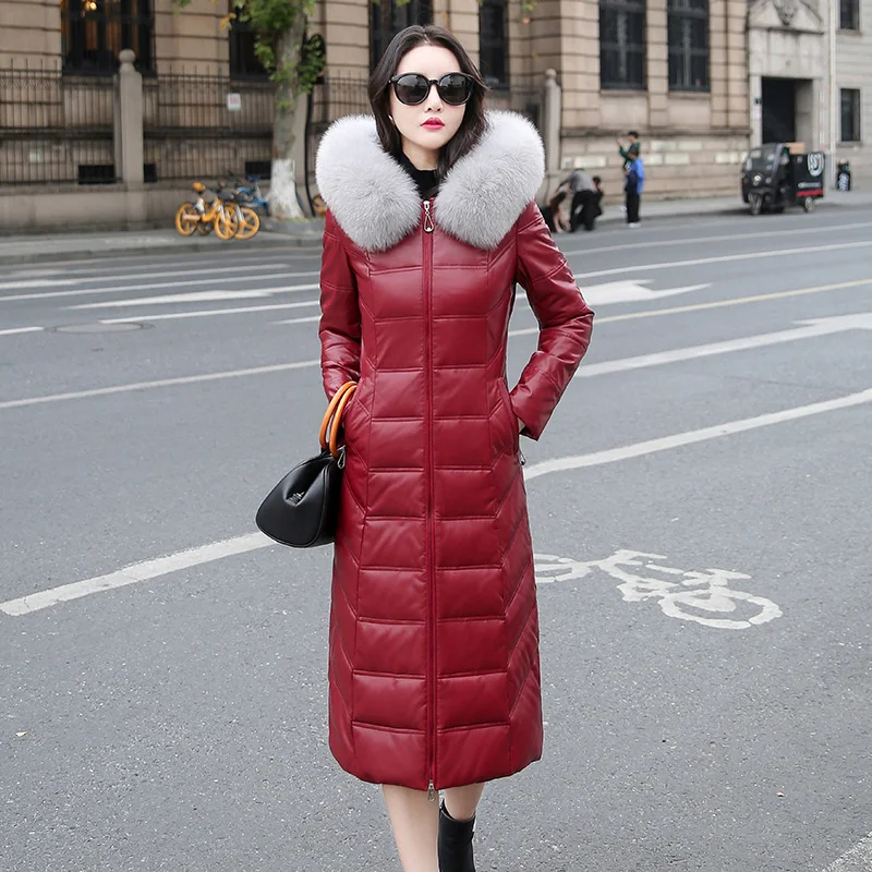 M-7XL Women Leather Down Coat Winter 2022 Fashion Hooded Real Fox Fur Collar Slim Sheepskin Leather White Duck Down Overcoat