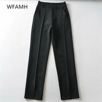2021 spring new front split suit high waist straight drape mopping casual pants women polyester pockets fake zippers button