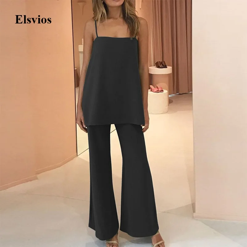 Summer Casual Solid Loose Women Two Piece Set Sexy Off Shoulder Sling Suits Fashion Office Lady Long Tops+Flare Pants Set Outfit