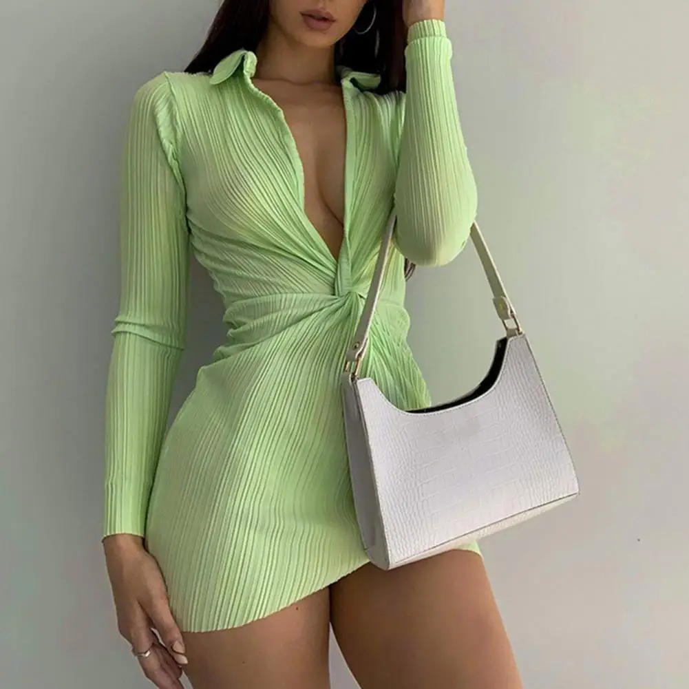 

80% HOT SALE Shirt Dress Pit Stripes Deep V Neck Women Lapel Ruched Long Sleeve Dress Streetwear Turn-Down Collar V Neck Dress