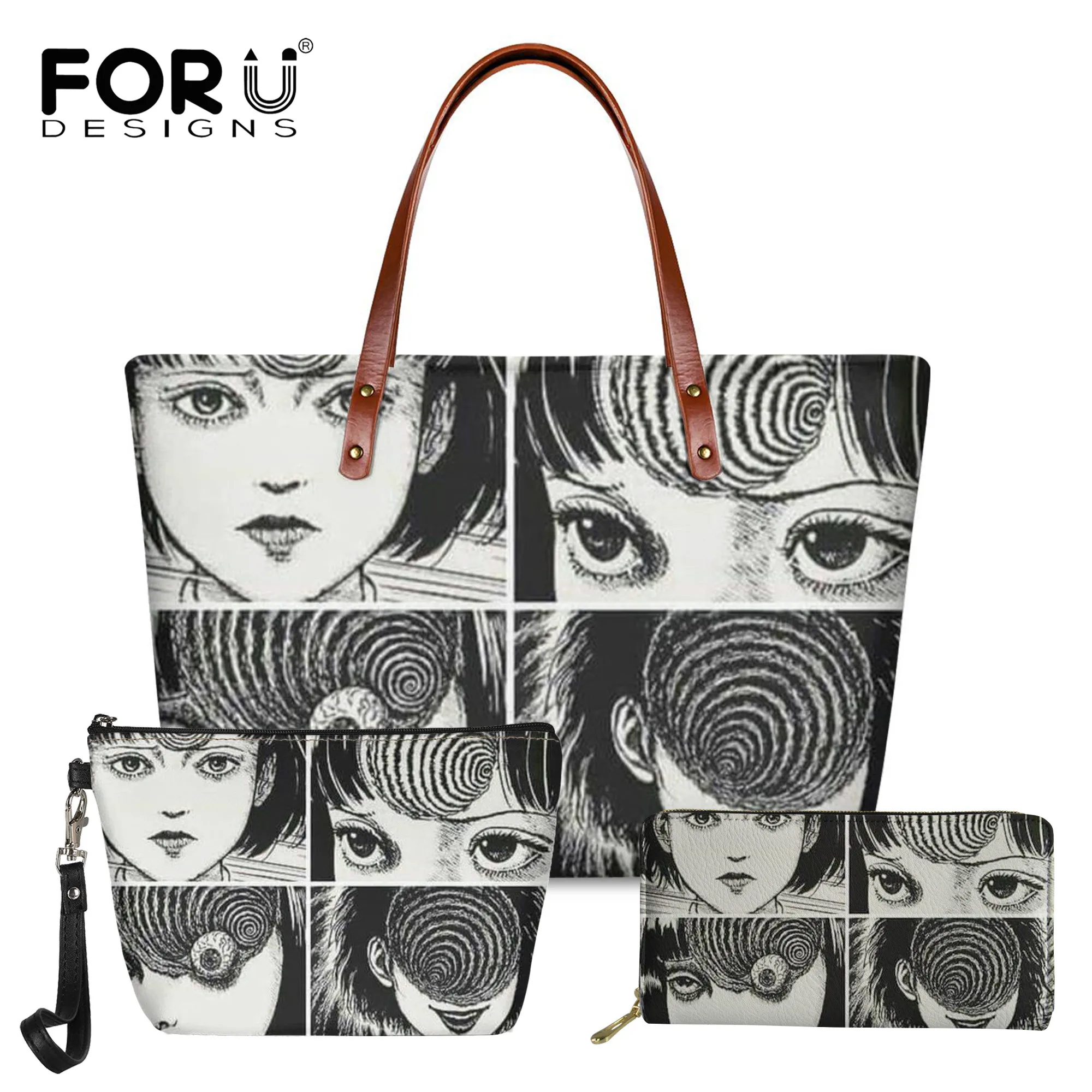 

FORUDESIGNS Women's Handbags Set Cartoon Horror Anime Manga Printing Shoulder Bags and Purse Cosmatic Bags 3Pcs Bolsa Mujer