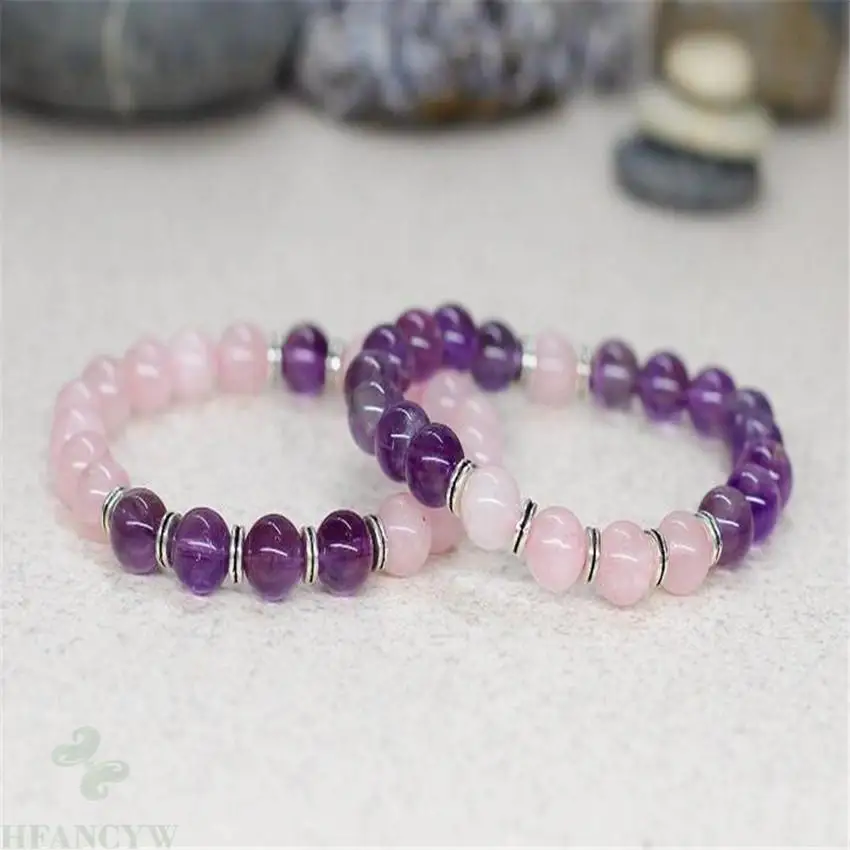 

2pcs 8mm Pink crystal Amethyst Gemstone Mala Bracelet 7.5 inches Cuff Meditation Wrist Yoga Reiki Buddhism Energy Lucky Healing