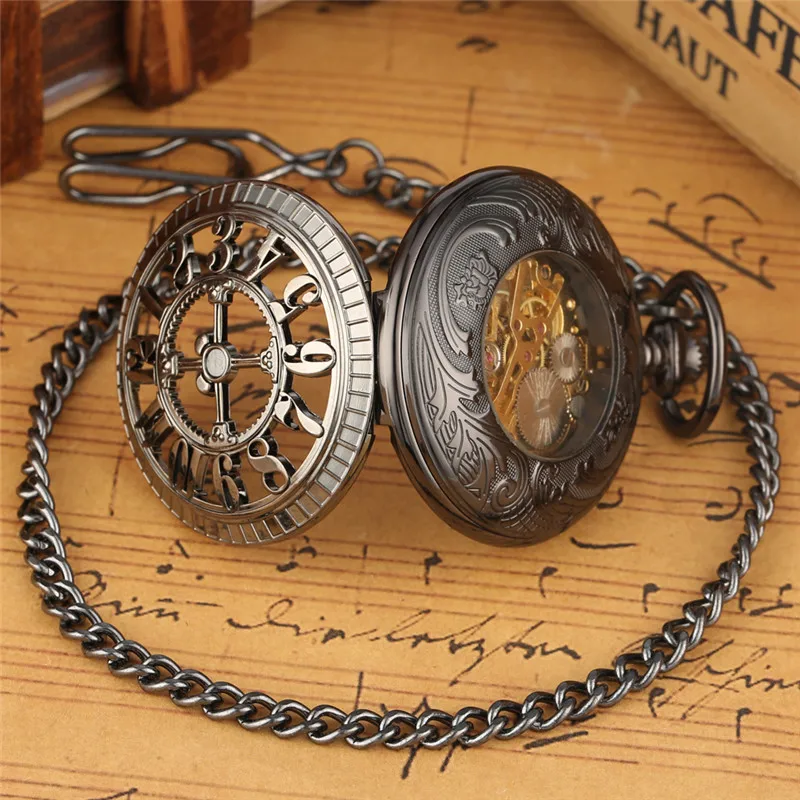 Steampunk Full Black Unisex Handwind Mechanical Pocket Watch Arabic Number Dial Manual Skeleton Clock Pendant Chain Collectable
