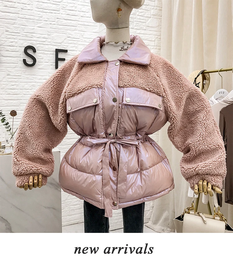 Mooirue Winter Casual Parkas Sherpa Fleece Patchwork Drawstring Lace Up Vintage Coats Harajuku Jackets Female white Coats