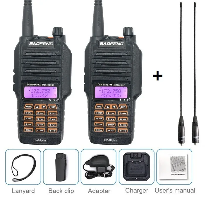 2 шт. BAOFENG UV-9R PLUS 10 Вт Высокая мощность портативная рация Водонепроницаемый VHF UHF Ham CB радио приемопередатчик сканер двухстороннее радио Охотник - Цвет: 2PCS add antenna