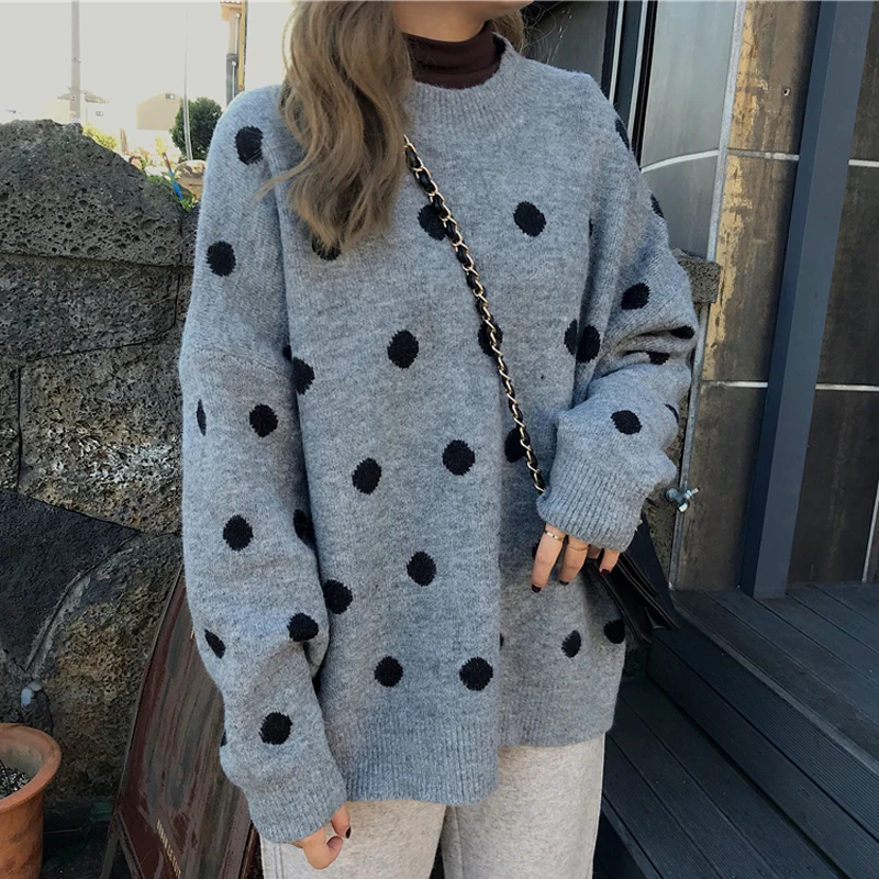 BGTEEVER Chic Polka Dots Print O-neck Women Knitted Sweaters 2019 Winter Oversize Full Sleeve Casual Female Pullover Jumpers | Женская