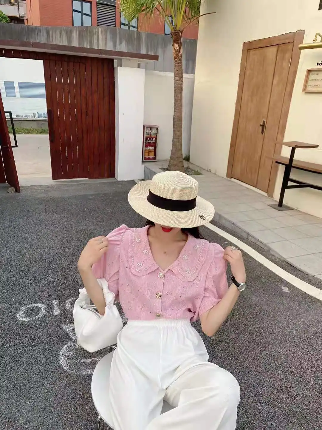 

Korean Blusas Mujer Beading Peter Pan Collar Vintage Short Puff Sleeve Summer Blouses Women Tops Loose Kawaii Shirt Retro