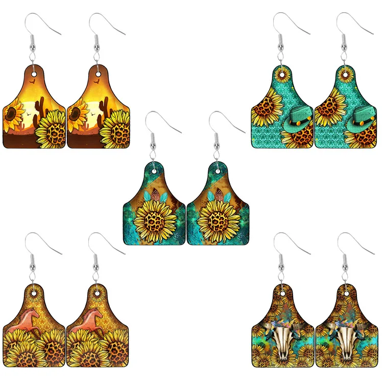 

Western Jewelry Cow Tag Sunflowers Cactus Cow Head Wooden Dangle Drop Earrings for Women Retro Accessory Gift Wholesale