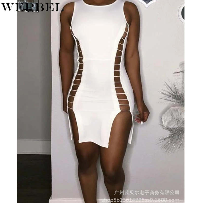 

Повседневное однотонное платье WEPBEL, женское облегающее платье с разрезом, летнее сексуальное платье без рукавов с круглым вырезом и высоко...