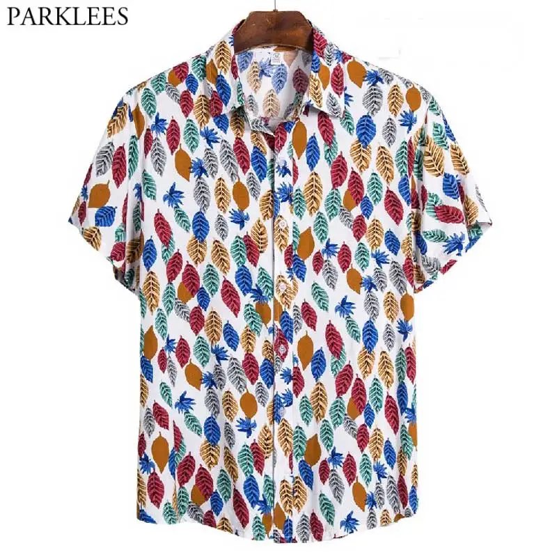

Мужские Гавайские пляжные рубашки с цветными листьями, Повседневная рубашка на пуговицах с тропическим принтом Aloha, Мужская одежда для отпу...