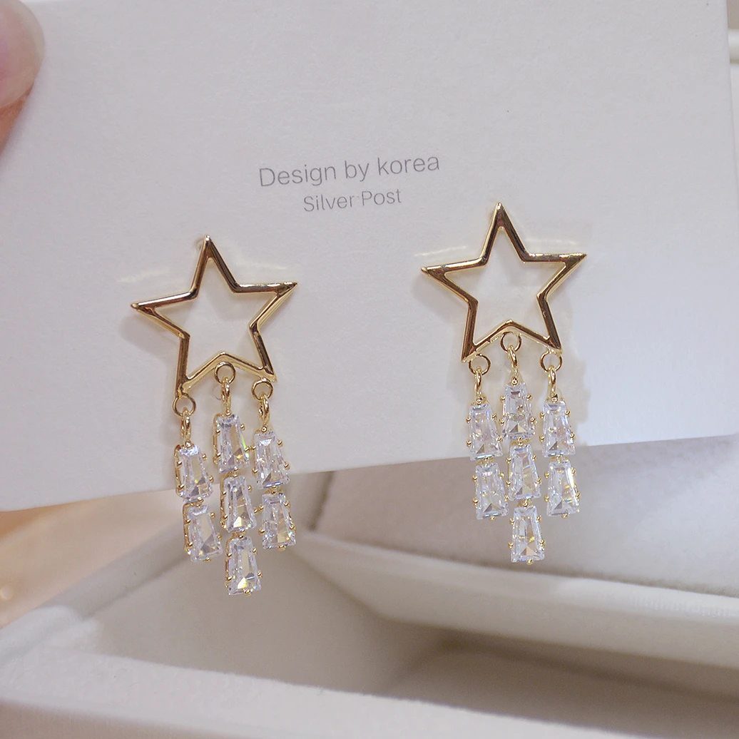 

14K Gold Star with Bling Zircon Stone Tassel Long Stud Earrings for Women Fashion Jewelry Korean Earrings 2021