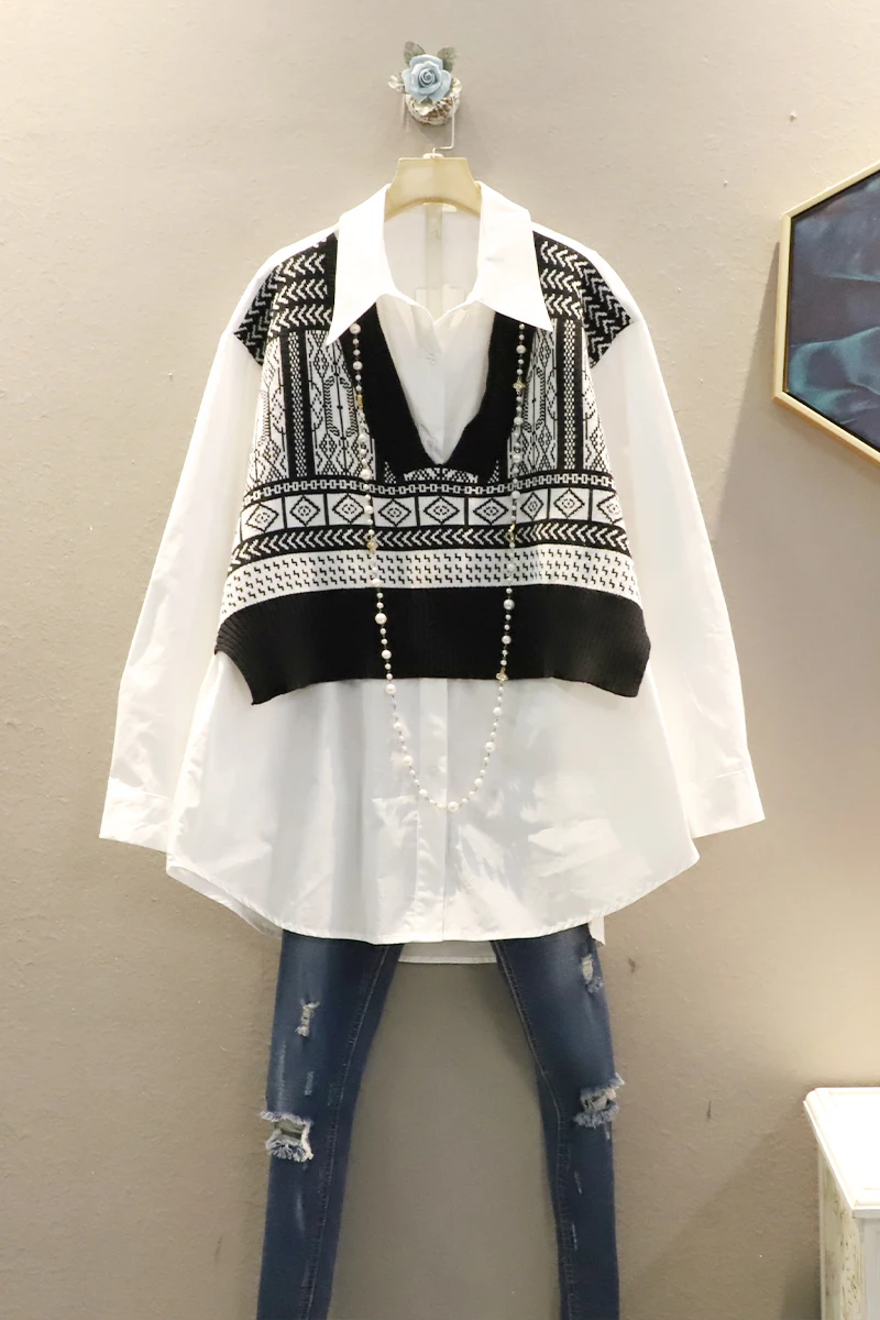 

Black White Women Casual Blouse 2021 Spring Women Knitted Patchwork Blouse Female Fake Two Pieces Set C418