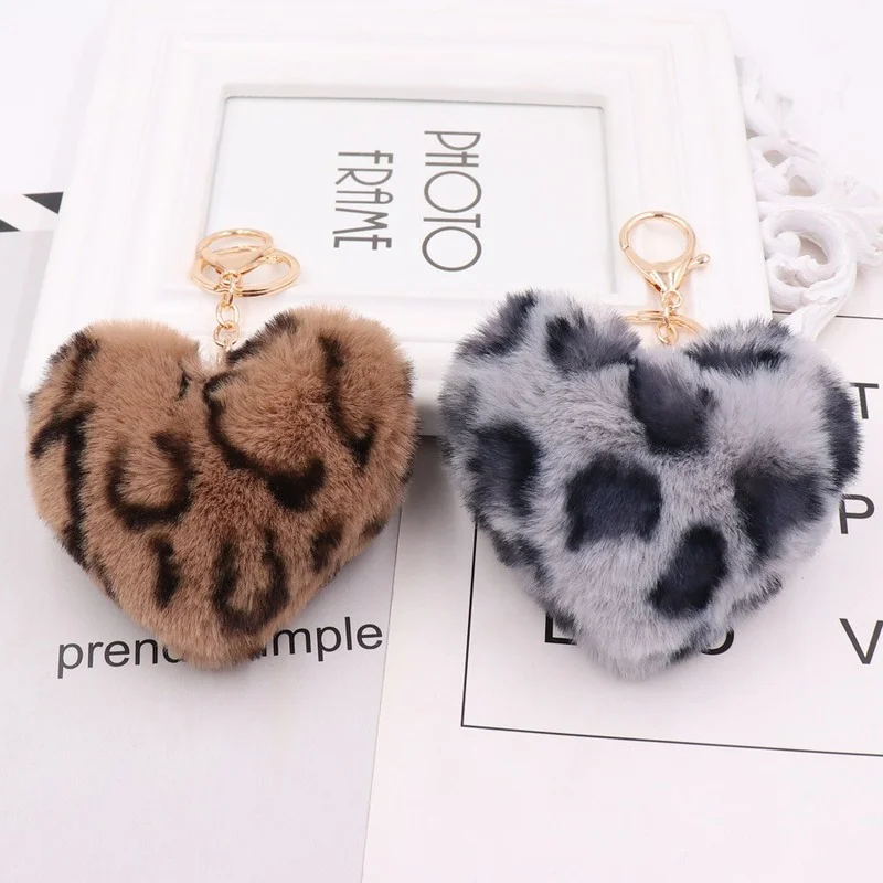 Artificial Rabbit Fur Pom-pom Keychain Leopard-print Pom-pom Keychain Lady Mobile Phone Bag Key Ring Love Pendant Decoration