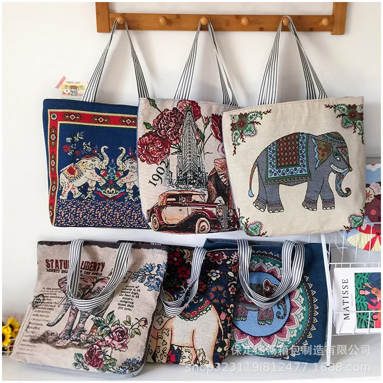 

Elephant Ethnic Style Retro Shopping Bag Graphic Tote Harajuku Shopper Bag Women Canvas Shoulder Bag Eco Large-capacity