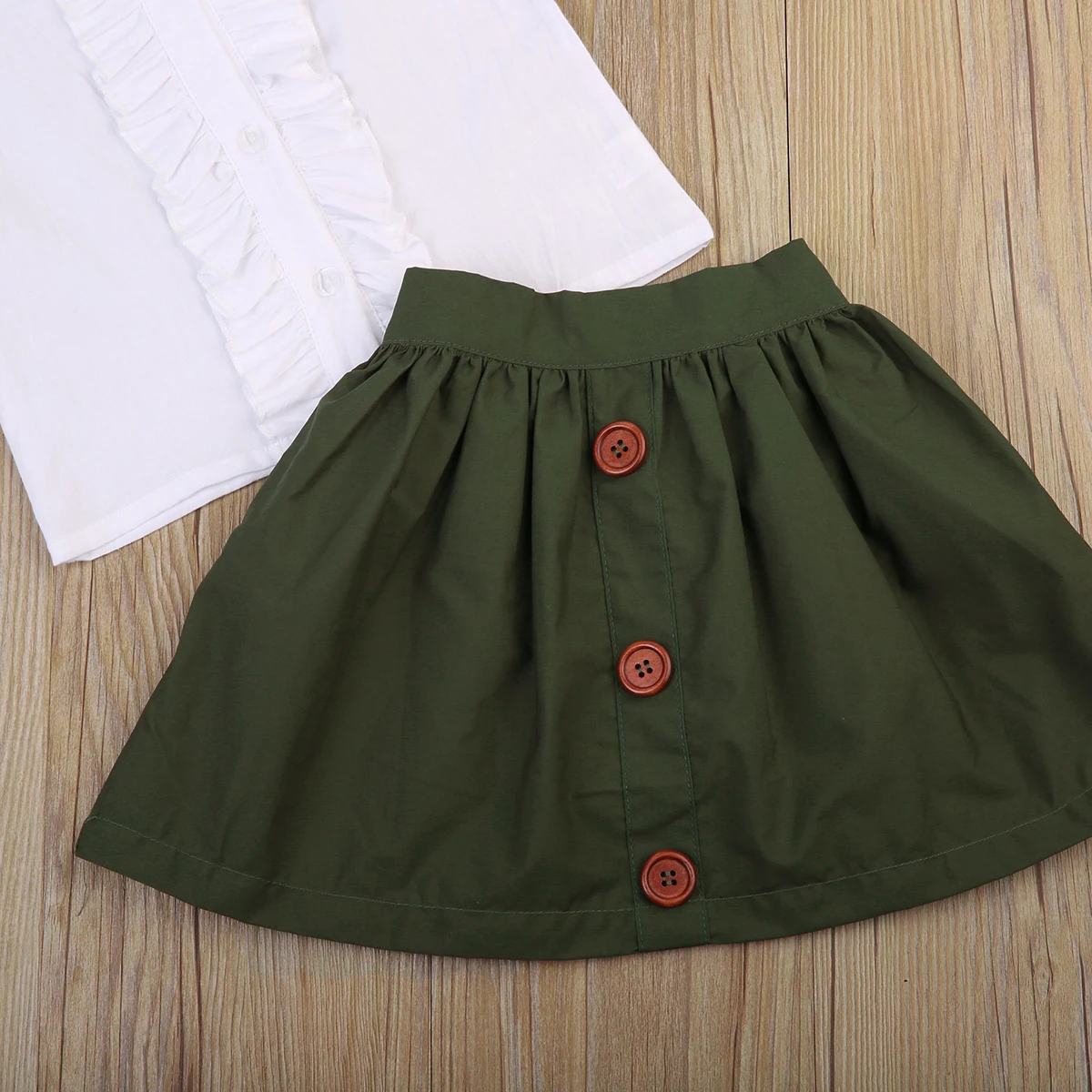 Sweet Infant Baby Girls 2017 New Tops Long Sleeve Ruffle White T-shirt Army Green Button Skirt 2pcs Outfits Clothes Set | Детская одежда