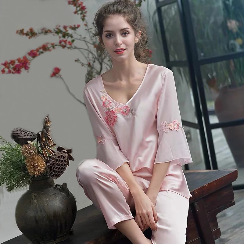 

for Women Sleepwear Pink Ladies Long Sleeve Two Piece Set Sexy Pijamas Women Pajamas Set Lingerie Large Size