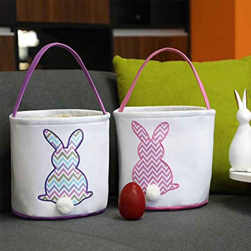 

10pcs Wholesale Easter Bunny Bag Monoblank Carrying Gift and Egg Hunt Bag Cloth Easter Basket Fluffy Tails Printed Rabbit Bucket