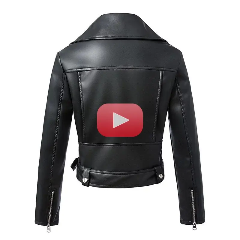 New Women Autumn Winter Black Faux Leather Jackets Zipper Basic Coat Turn-down Collar Motor Biker Jacket With Belt