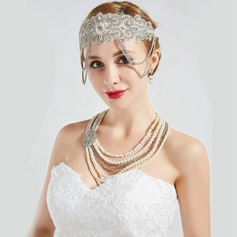 Обруч с завязкой Roaring 20S свадебный головной убор 1920S большой Gatsby аксессуар со стразами цепочка для 1920S тематический свадебный Cos