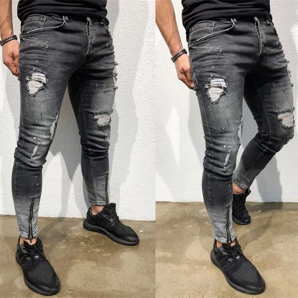 

Men casual jeans spring /autumn new fashion washed distressed hole jeans stretch slim men denim pants ankle zipper pencil pants