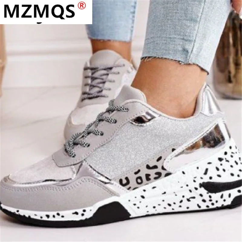 

Women's Sneakers Platform Casual Shoes Women Vulcanize Shoes Leopard Ladies Running Shoes Sport Silver Lace-Up Female Sneakers