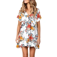 chiffon short sleeved dress floral ruffle deep v collar a line pleated dress lady summer holiday print sexy beach mini dress