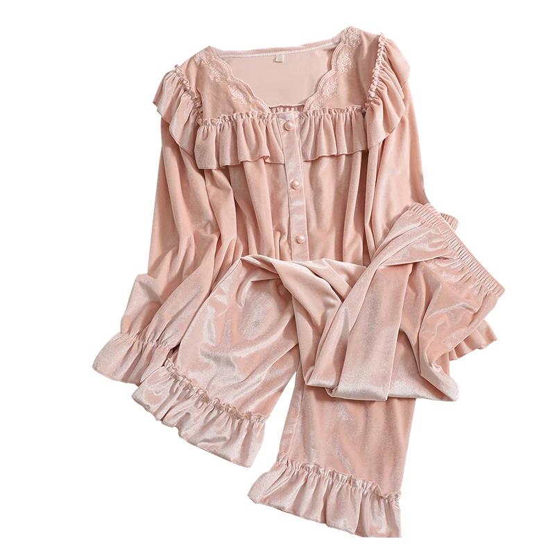 Korobov 2021 Autumn Winter Velvet Women Suits Korean Single Breasted Ruffles Tops and High Waist Wide Leg Pants 2 Pieces Sets |
