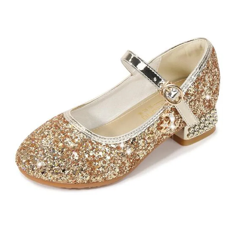 

2021New Girls Fashion Stage High Heels Dance Performance Shoe Children Silver Princess Sequins Wedding Shoes