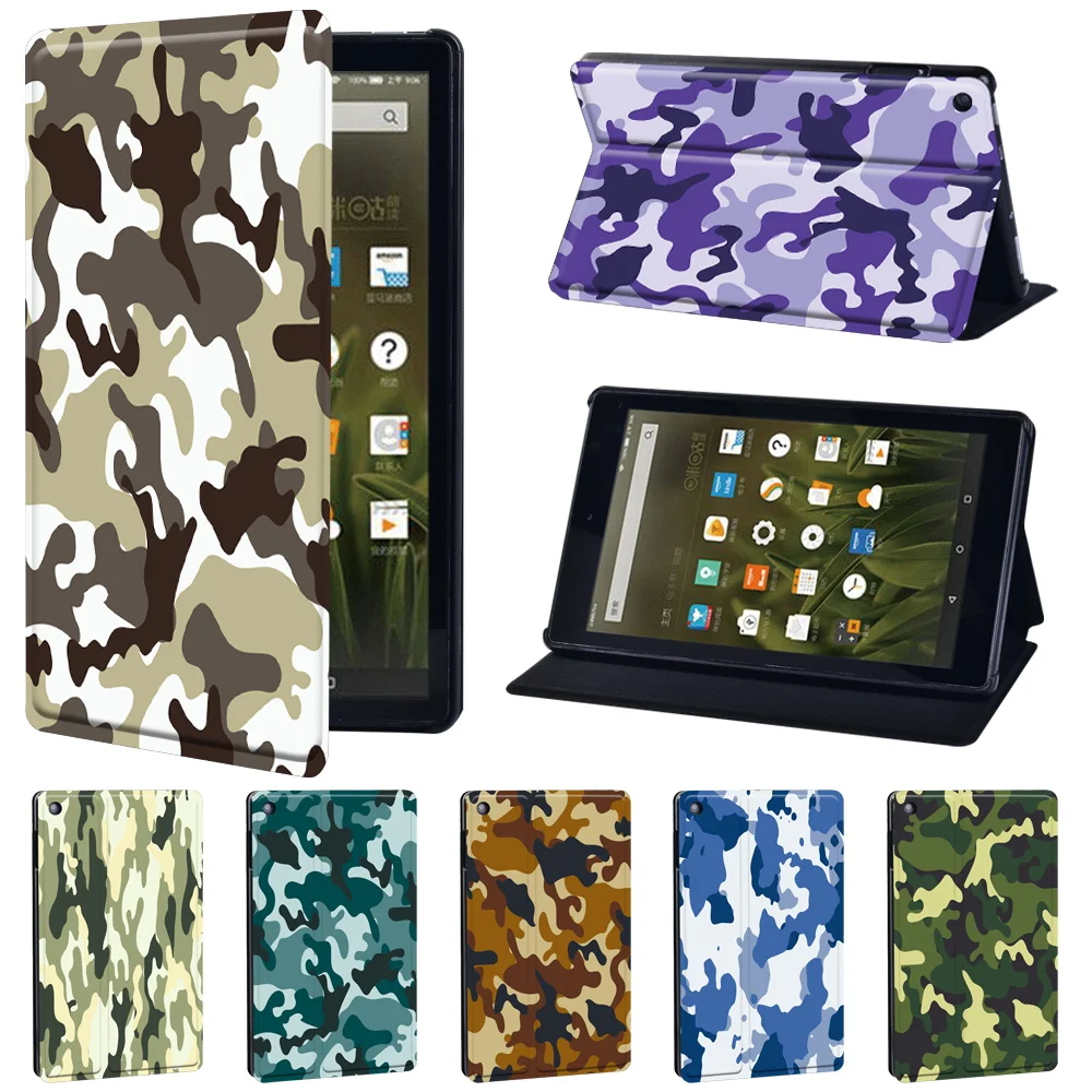 

For Amazon Fire 7 5/7/9th Gen / Fire HD 8 / Fire HD 10 Camouflage Print Pattern PU Leather Tablet Stand Folio Cover Case