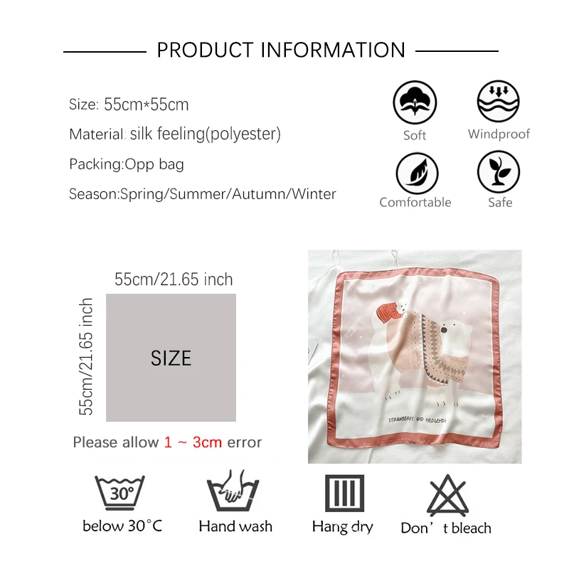 

High Quality Women Silk Scarf Elegant Bear Print Neckerchief Bandana Foulard Luxury Hair Band Bag Wirst Shawl 2021 Summer Wrap