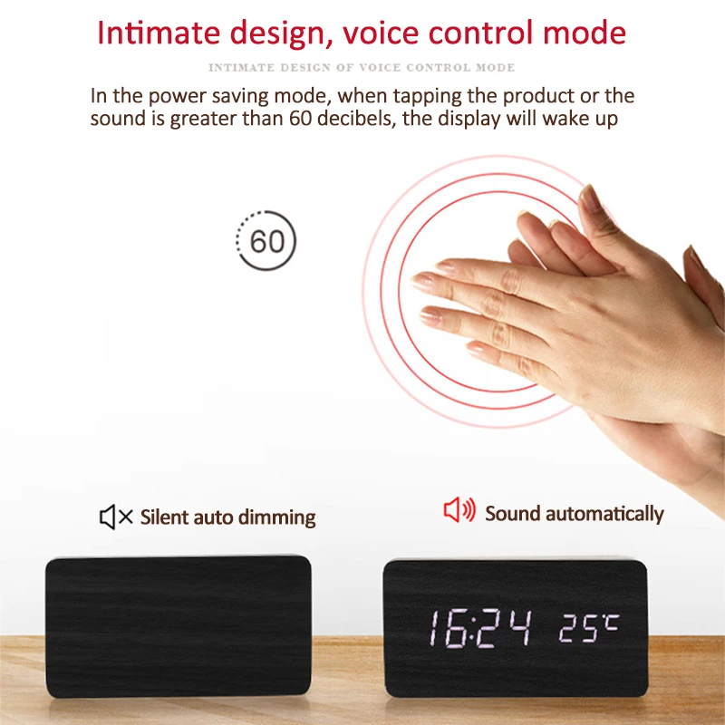 Деревянный светодиодный будильник часы с отображением времени/даты/температуры