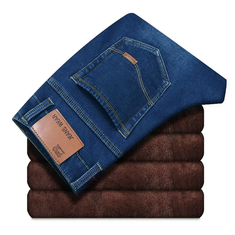 Мужские черные флисовые утолщенные теплые длинные джинсы новые мужские