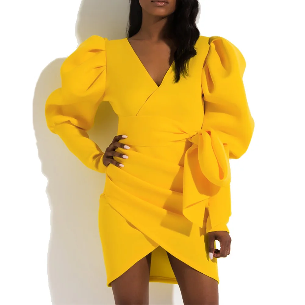 

Solid Color Puff Long Sleeve Office Dress Women Elegant V-neck Bodycon Casual Women's Robe with Belt Yellow Autumn Short Dress