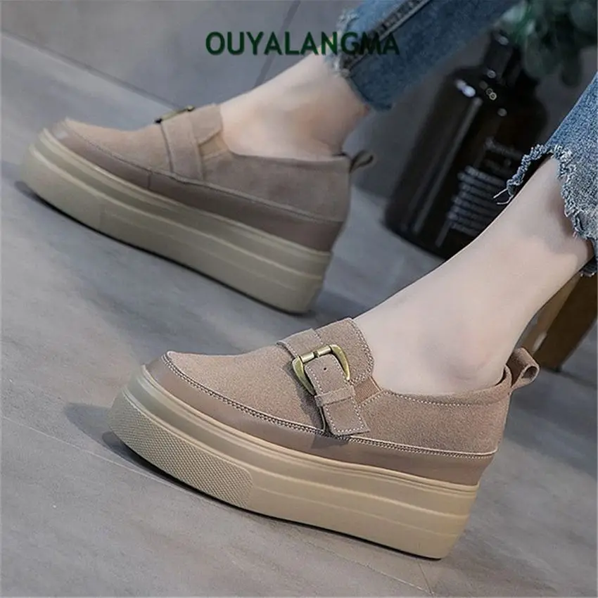 

Thick Sole Loafer Oxfords Women's Suede Leather Round Toe Fashion Sneaker Boots Casual Ankle Boots Increasing Height Pull on