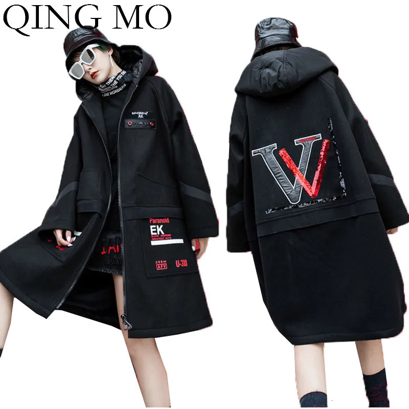 Женское толстое пальто QING MO черное Свободное с блестками уличный свободный Тренч