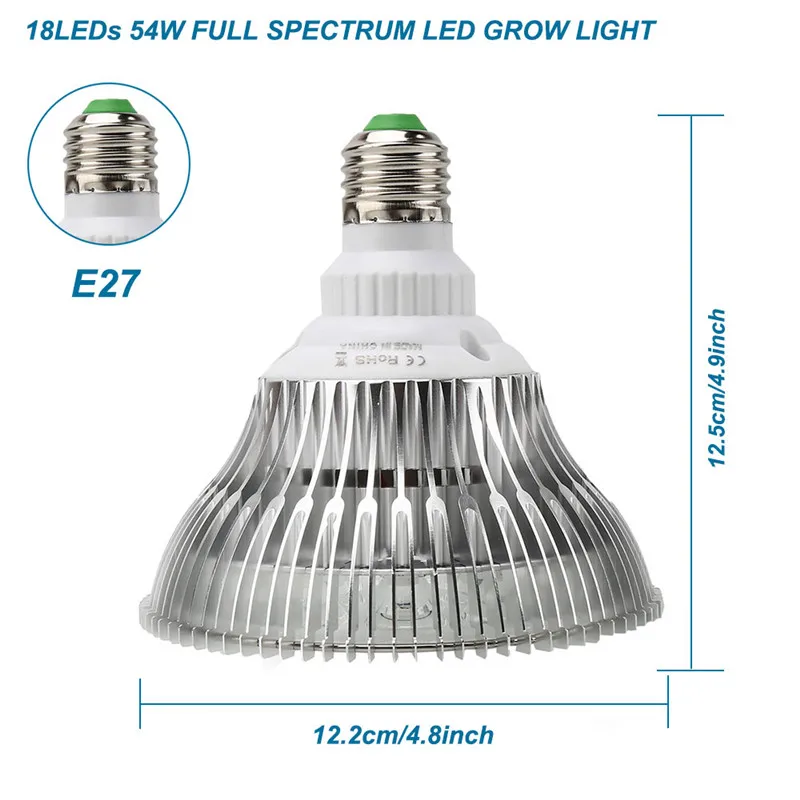54 Вт полный спектр светодиодный светильник для выращивания E27 лампа УФ ИК 18 s