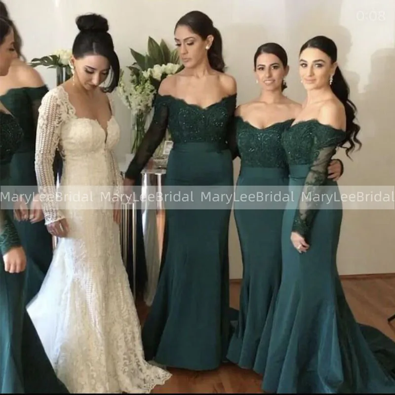 

Off Shoulder Long Sleeves Bridesmaid Dresses Gorgeous Dark Green Appliques Mermaid Wedding Party Dress Vestidos Robe De Mariee