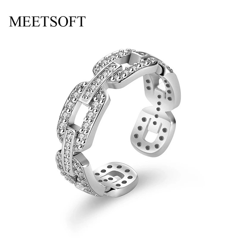 

MEETSOFT Trendy 925 Sterling Silver Wild Hollow Chain Zircon 18K Gold Opening Ring for Women Punk Fine Jewelry Drop Shipping