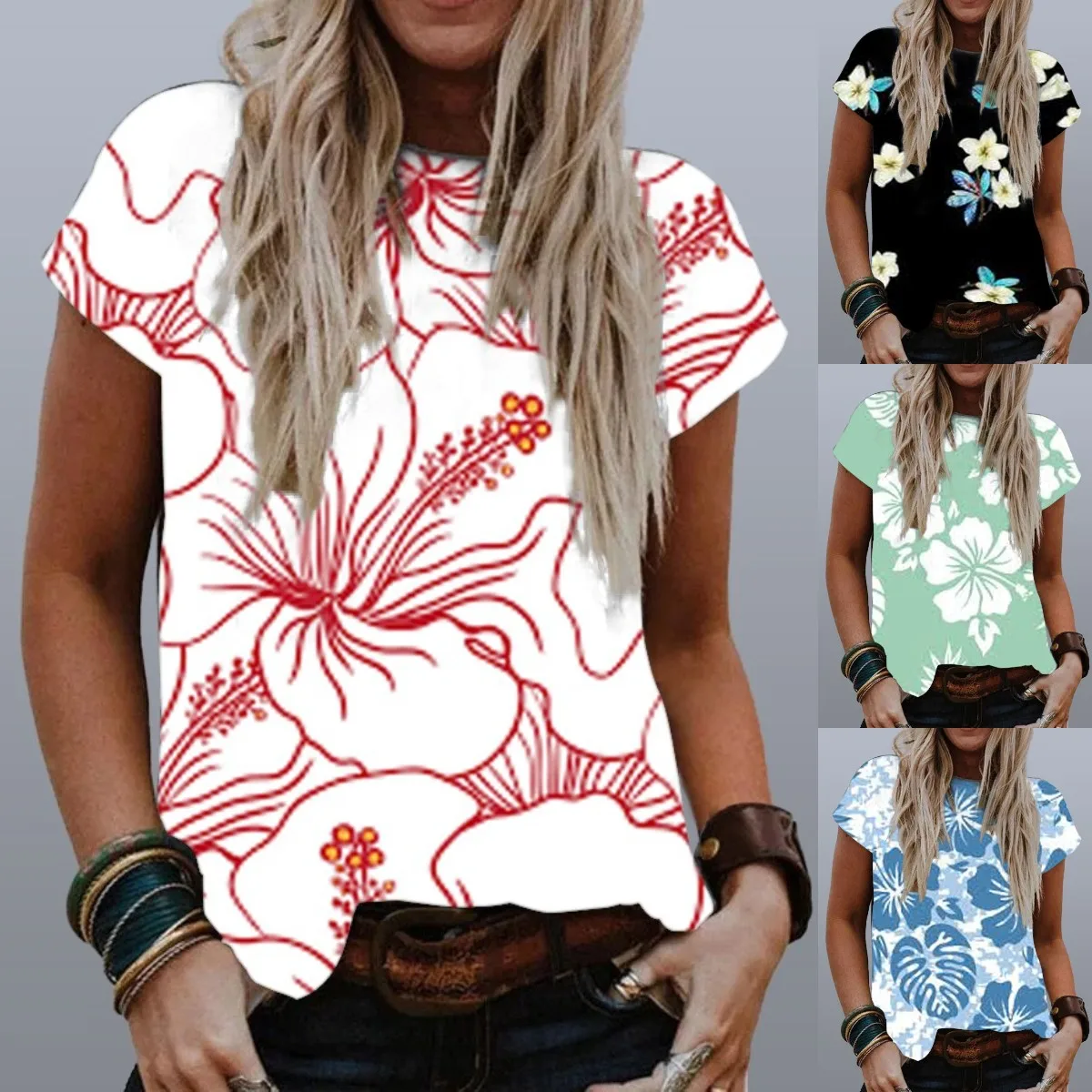 

2021 летний топ с цветочным принтом, женская модная Повседневная блуза большого размера, женская футболка с круглым вырезом и коротким рукаво...
