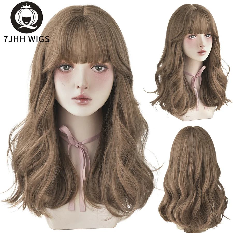 7JHHWIGS Black Long Body Wavy Synthetic Wigs With Fluffy Bang For Women Natural Soft Daily Four Seasons Wear Hair