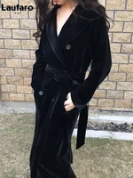 lautaro winter long black faux sheared mink fur trench coat for women long sleeve belt double breasted british style fashion