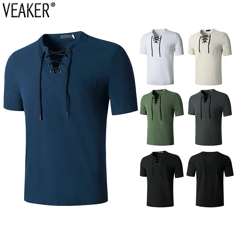 

2021 New Men's Summer Short Sleeve T shirt Male Bandage V Neck t Shirts Solid Color Casual Tops S-2XL