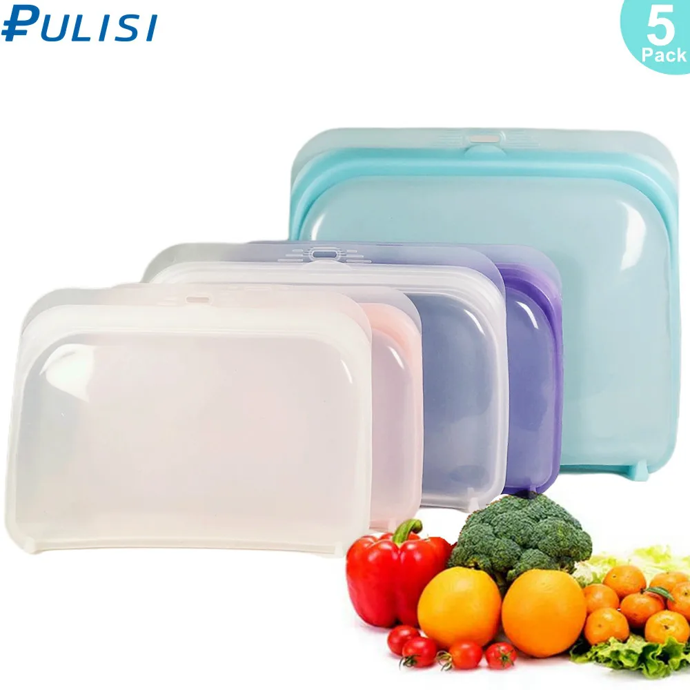 

5 упаковок, многоразовый контейнер для еды, силиконовый пакет, герметичное уплотнение, пакеты для хранения продуктов для овощей, фруктов, закусок, силиконовые пакеты для хранения