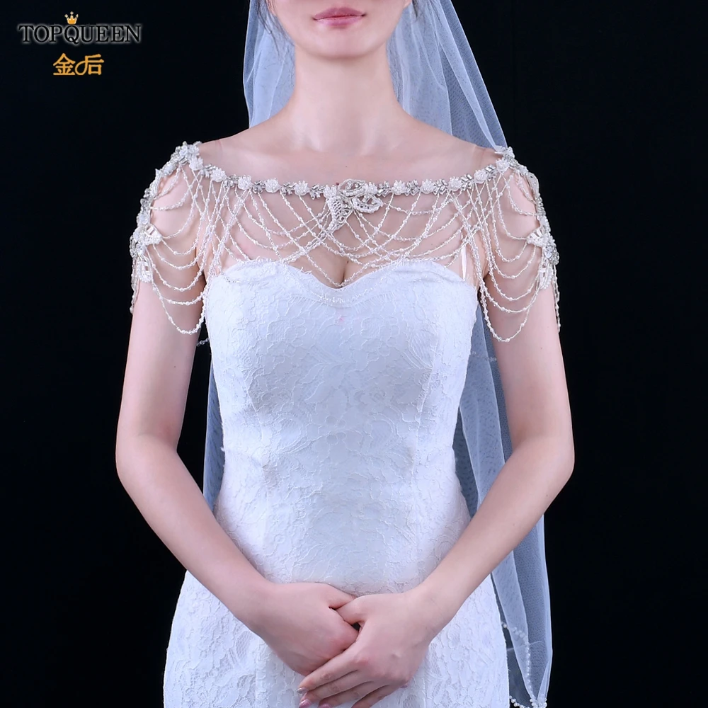 TOPQUEEN G10 блестящая Свадебная накидка с бисером кружевная шаль болеро