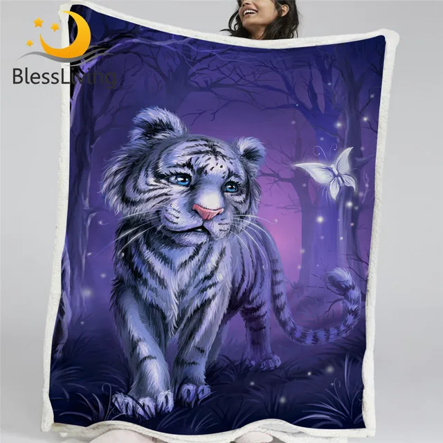 BlessLiving Tiger Baby Bed Blanket Forest Plush Bedspread Purple Watercolor Wild Animal Sherpa Blanket Butterfly Throw Blanket 1