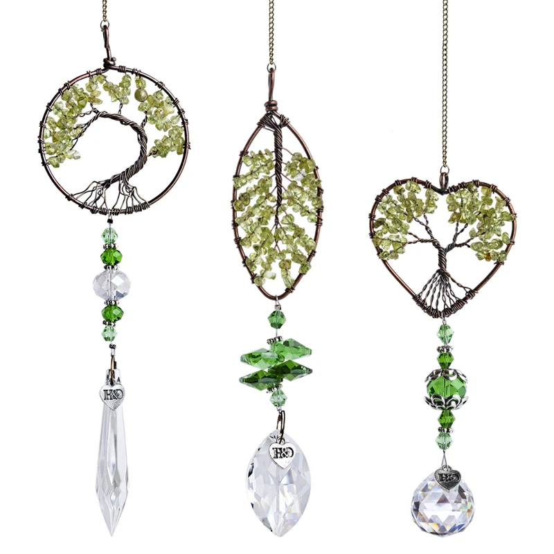 

H&D Set 3pcs Green Tree of Life Crystal Suncatcher Rainbow Maker Hanging Pendant for Window/Garden/Car Souvenir Collectible Gift