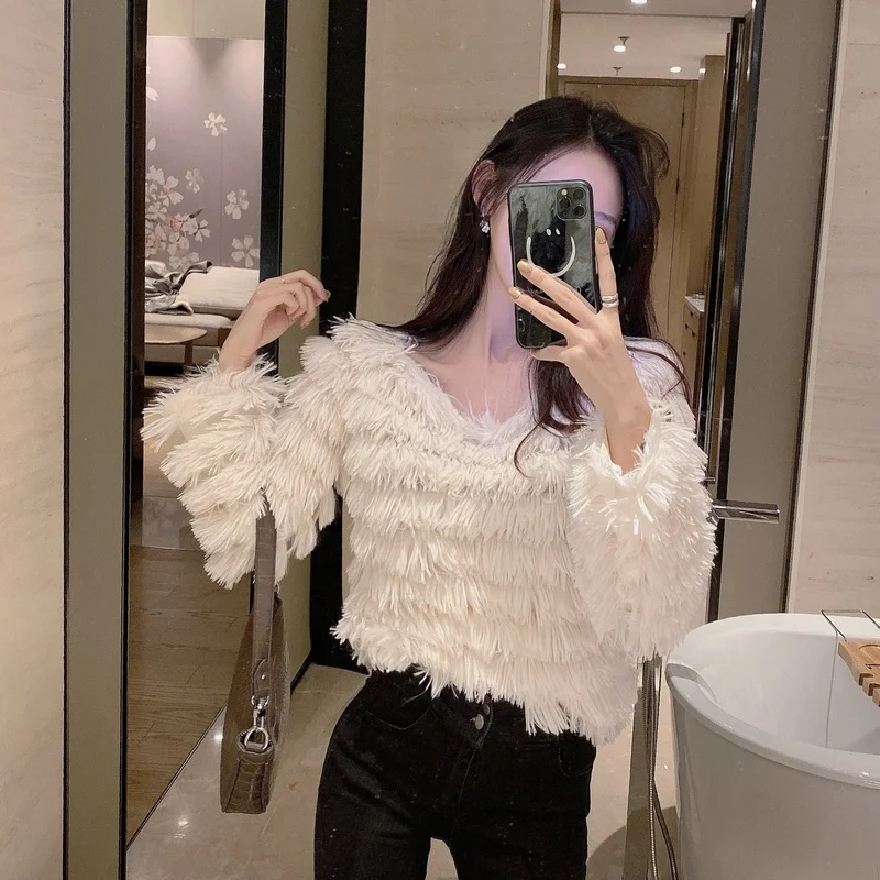 Gaganight модная женская футболка с кисточками длинным рукавом и v-образным вырезом