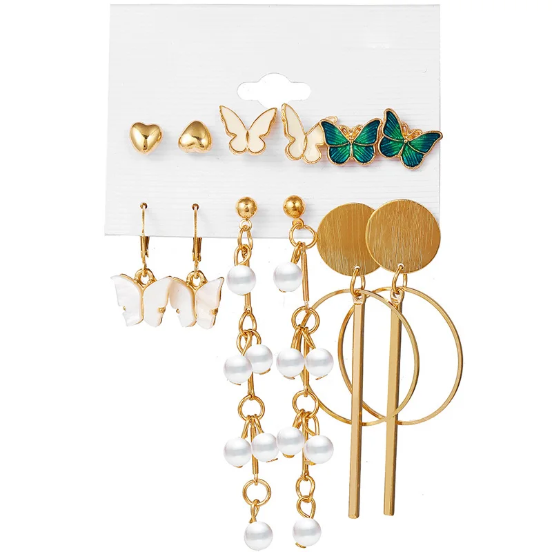 

Bohemian Gold Color Circle Tassel Earrings Set For Women Butterfly Pearl Dangle Earrings 2021 Trend Set of Earrings Jewelry